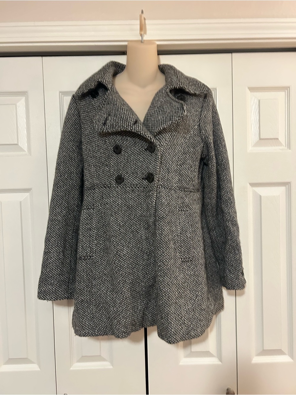Vintage Guess Womens Gray Tweed Double-Breasted Peacoat